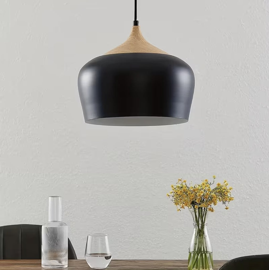 Close up of the black metal dome and its wood grain collar