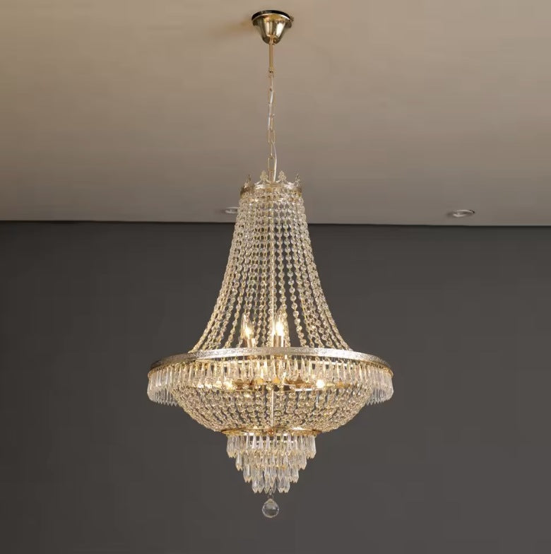 Large empire crystal chandelier in gold, 31.5 inches tall