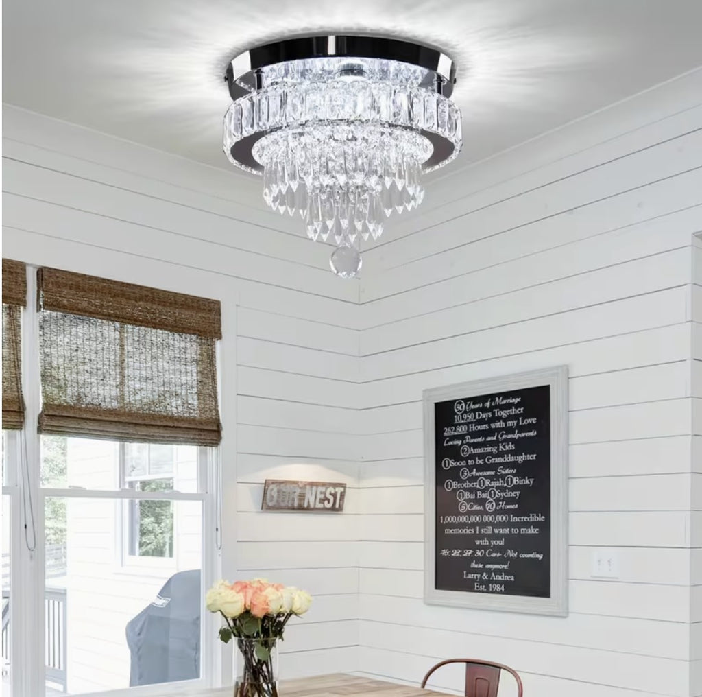 LED crystal flush mount ceiling light in a mudroom entryway