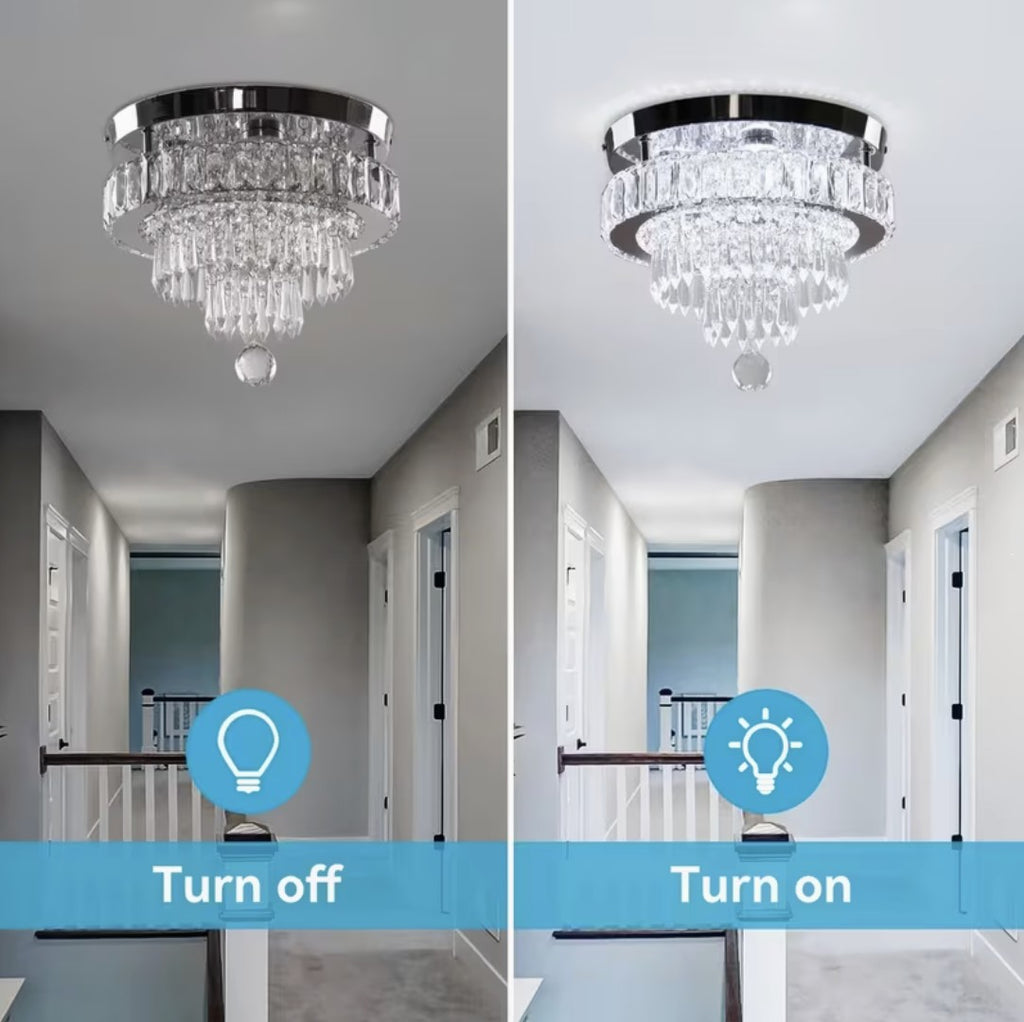 LED crystal flush mount ceiling light switched off and switched on in a hallway