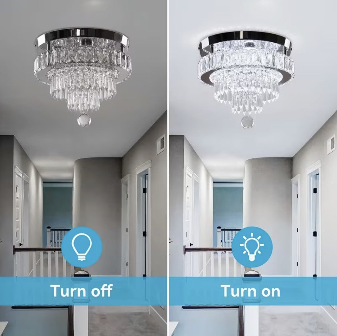 LED crystal flush mount ceiling light switched off and switched on in a hallway