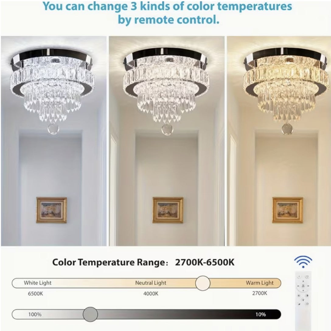 LED crystal flush mount ceiling light in polished chrome, lit close-up