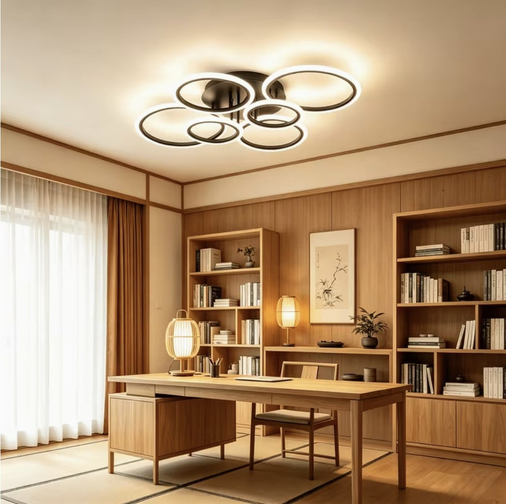 Black LED ring ceiling light in a wooden home office