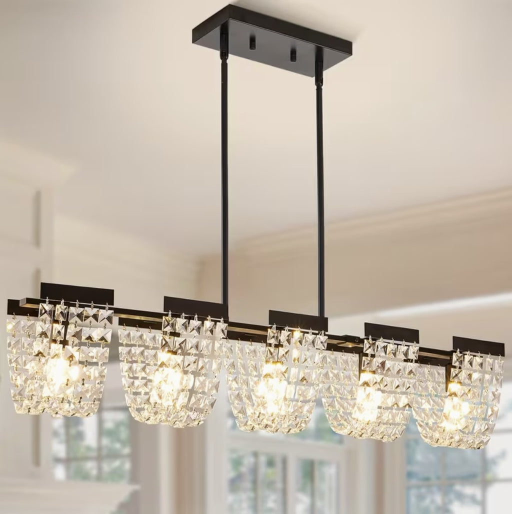 Black linear chandelier for the dining room, five K9 crystal shades
