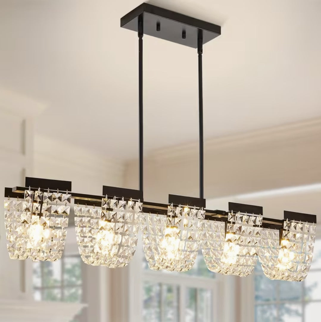 Black linear chandelier for the dining room, five K9 crystal shades