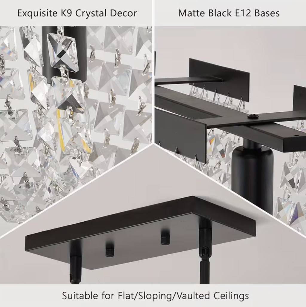 Details of the linear crystal chandelier, K9 crystal and matte black bases