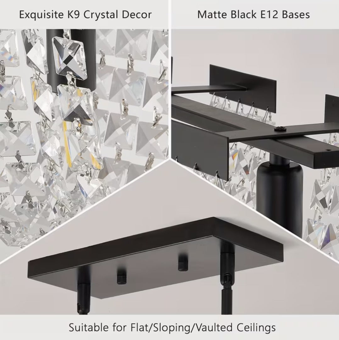 Details of the linear crystal chandelier, K9 crystal and matte black bases