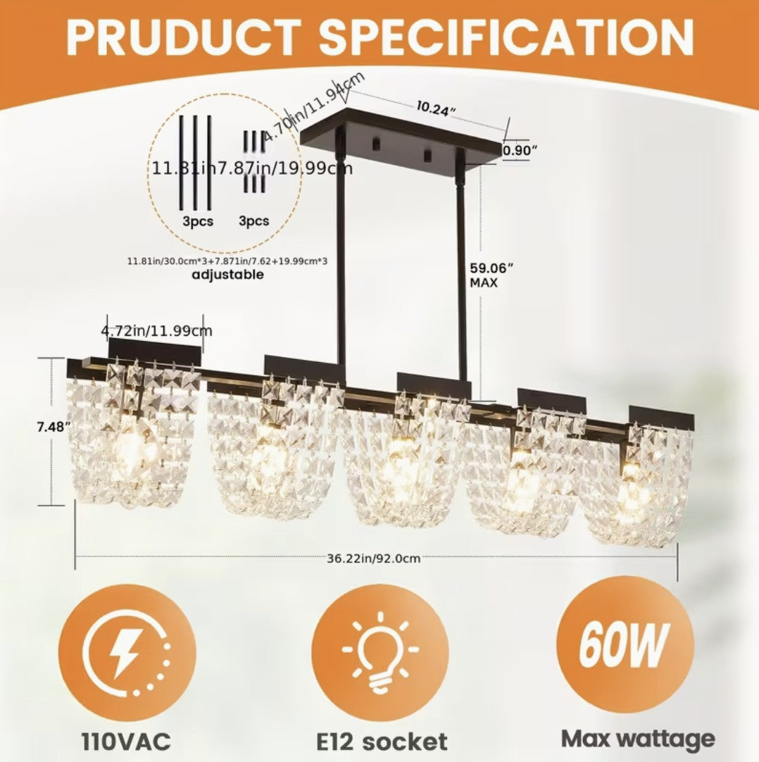 Linear chandelier dimensions, 36.22 inches long, E12 sockets