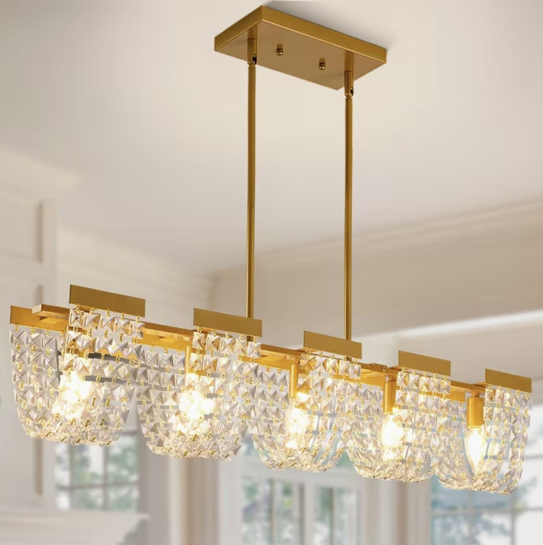 Gold linear crystal chandelier for the dining room, five shades