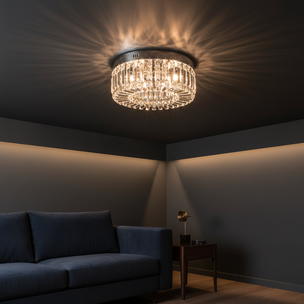 Lucy silver chrome ceiling light illuminated in a modern dark luxury living room