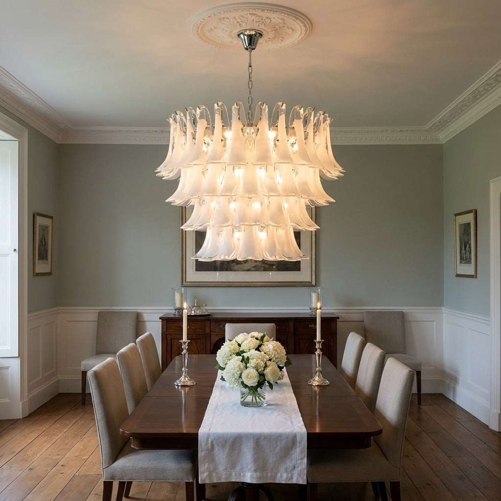Luxury Murano glass chandelier lit above a dining table