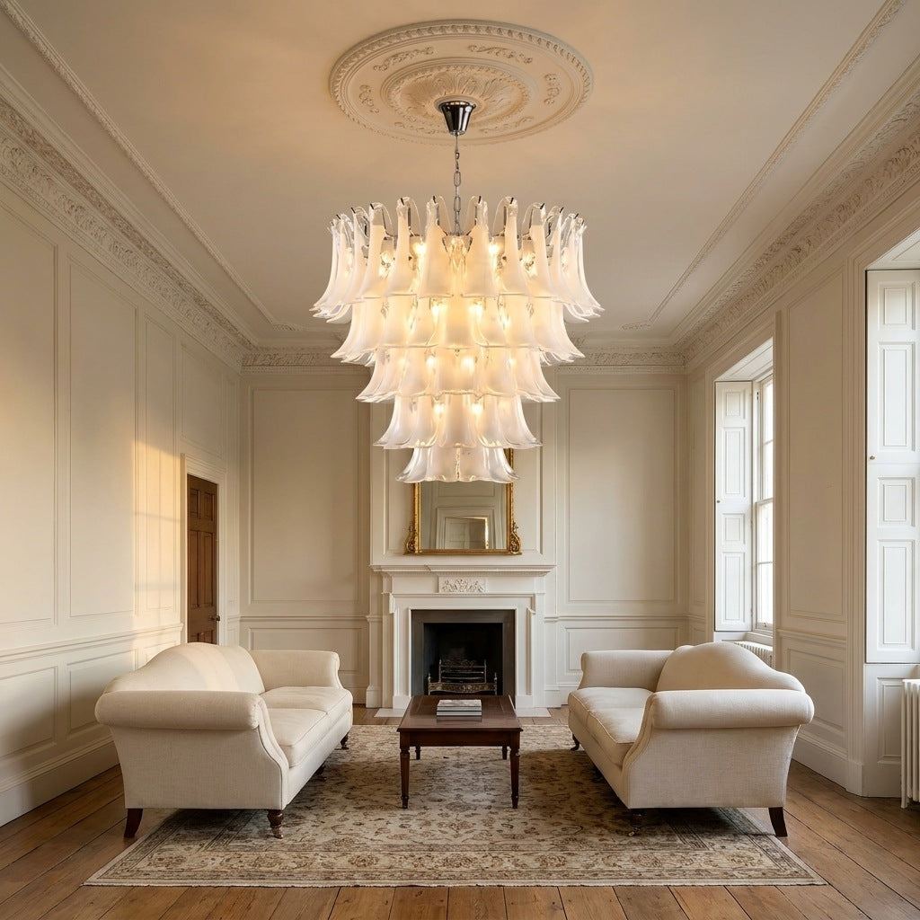 Luxury Murano glass chandelier lit in a traditional American living room
