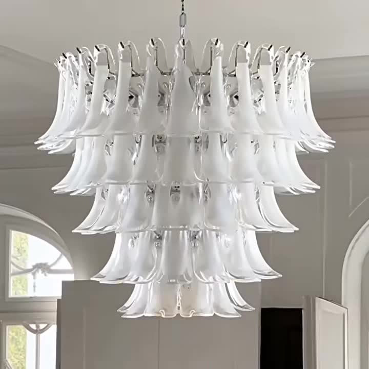 Luxury Murano glass chandelier unlit, the opaline petals in daylight