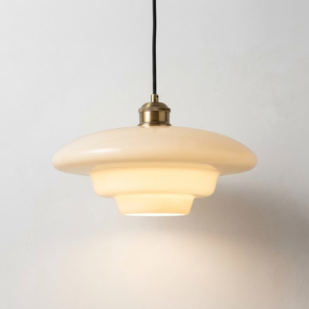 Milk glass pendant light, flat stepped profile, 11.8 inches wide, lit