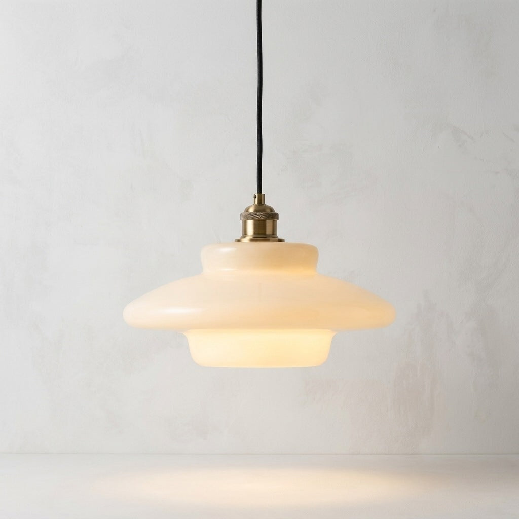 Milk glass pendant light, wide saucer profile, 12.6 inches wide, lit