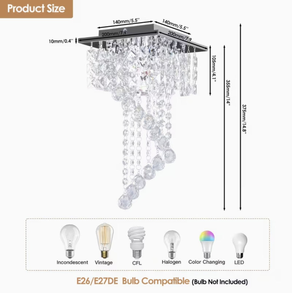 Mini crystal chandelier dimensions and compatible E26 bulbs