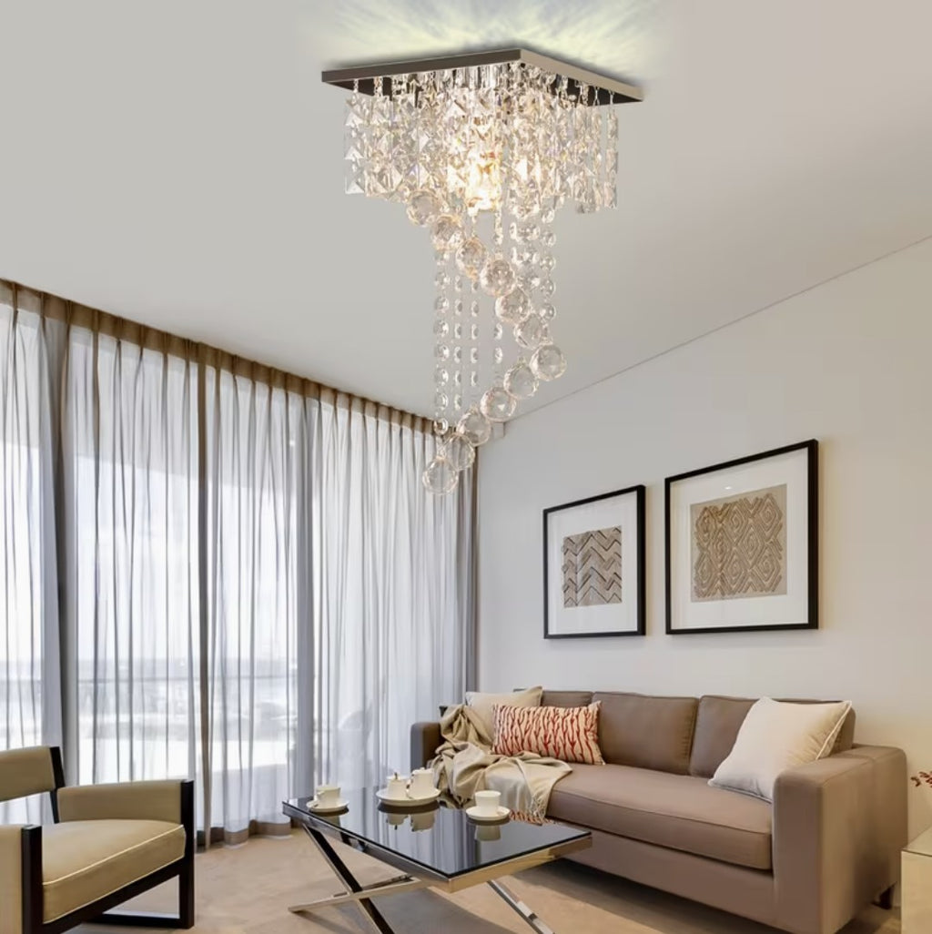 Mini crystal chandelier above a living room, spiral of crystal balls