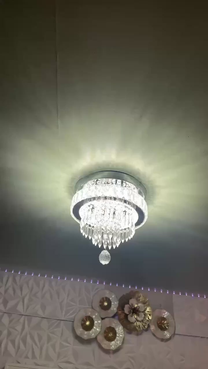 LED crystal flush mount ceiling light filmed lit