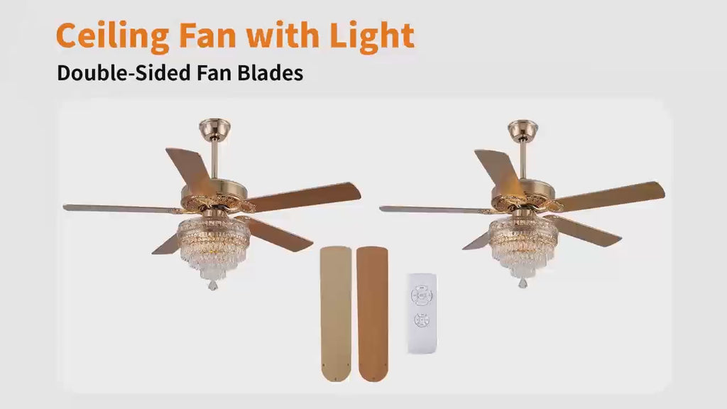 Crystal chandelier ceiling fan running with reversible blades and warm light