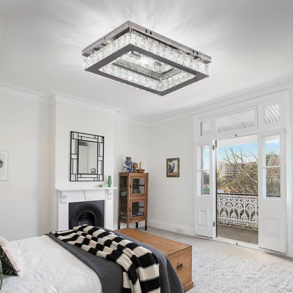 Rectangular crystal flush mount ceiling light in a white bedroom