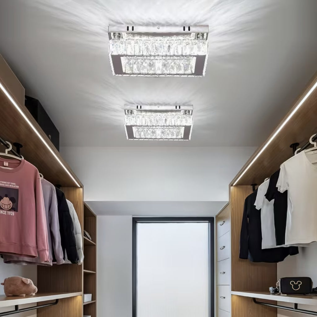 Two rectangular crystal flush mount ceiling lights in a walk-in closet