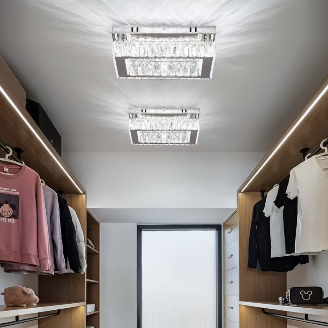 Two rectangular crystal flush mount ceiling lights in a walk-in closet