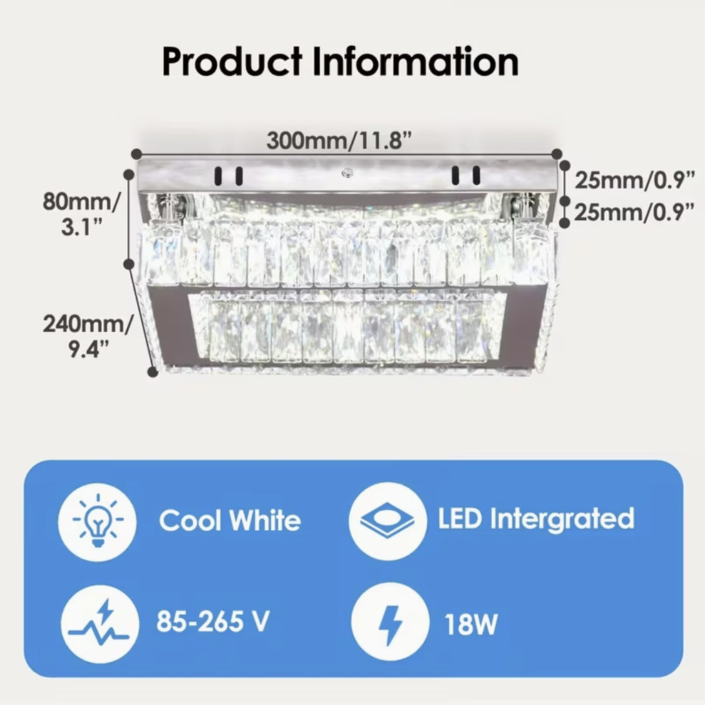 Rectangular crystal flush mount ceiling light dimensions, 30 by 24 cm, 18 W