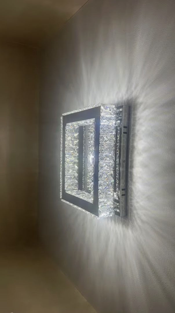 Crystal flush mount ceiling light seen from the side, lit