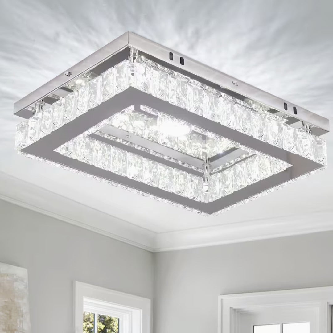 Rectangular crystal flush mount ceiling light in polished steel, lit