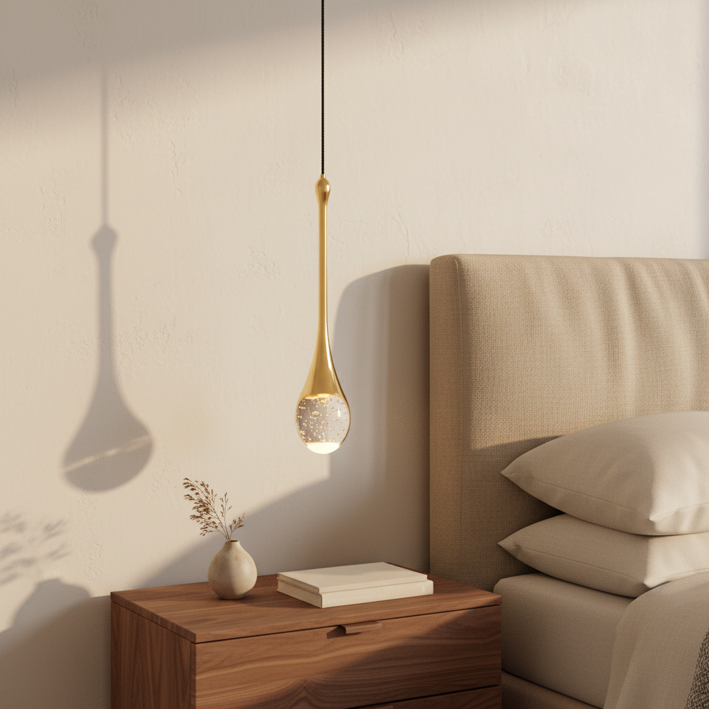 Rana teardrop pendant light beside an upholstered headboard in a luxury bedroom