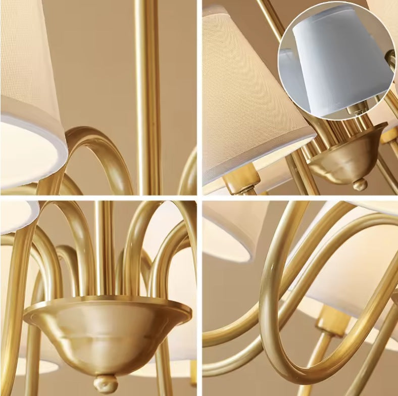 Close up of the brass arms, the central cup and the fabric shades