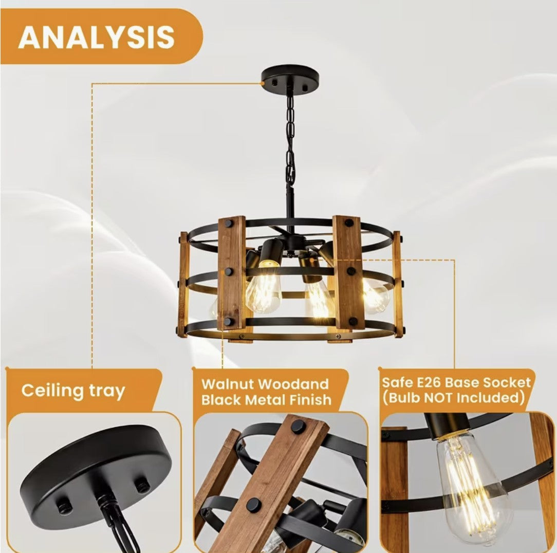 Details of the chandelier, ceiling tray, walnut uprights and E26 socket