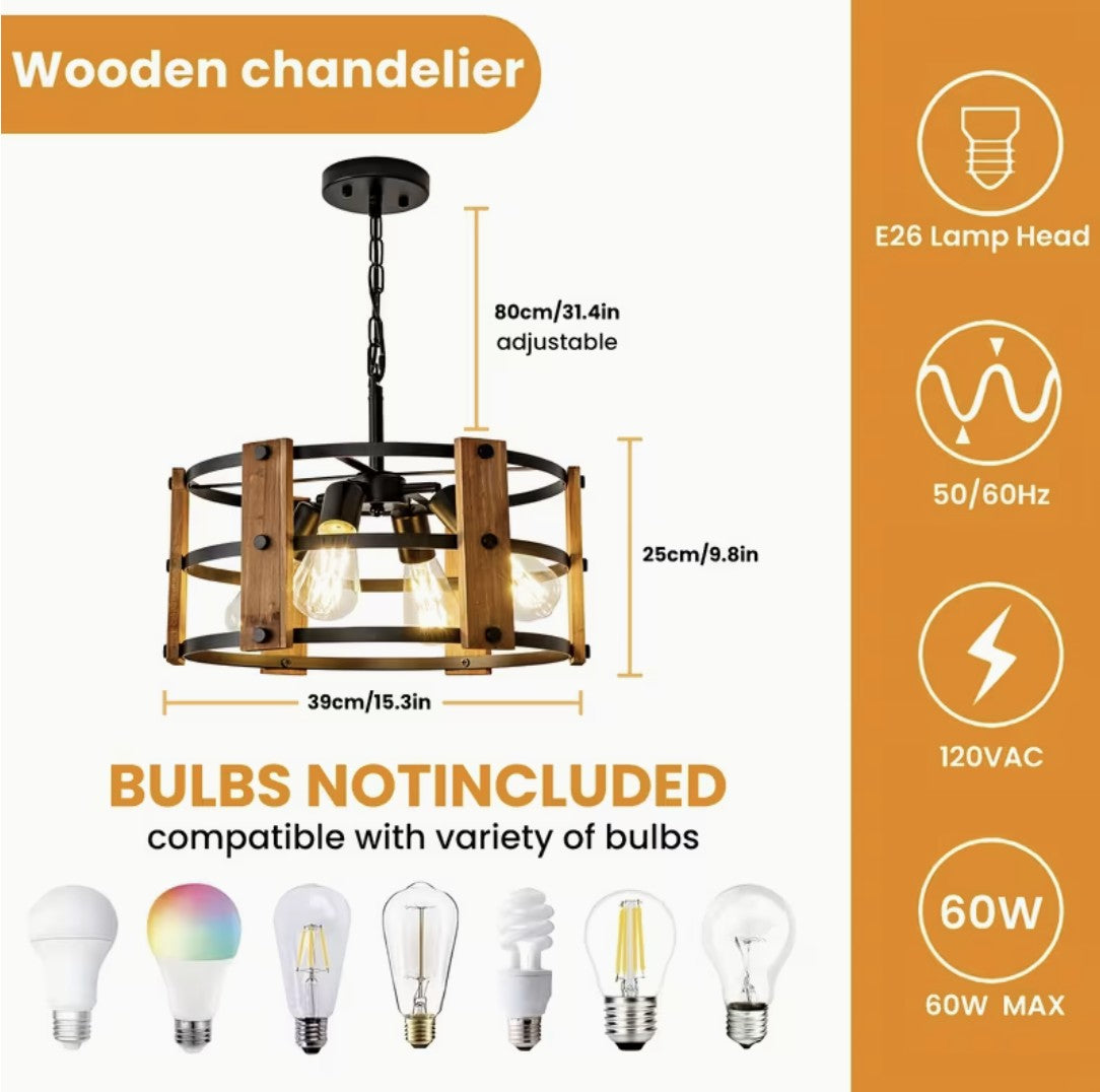 Chandelier dimensions, 15.3 inches wide and 9.8 inches high, E26 base