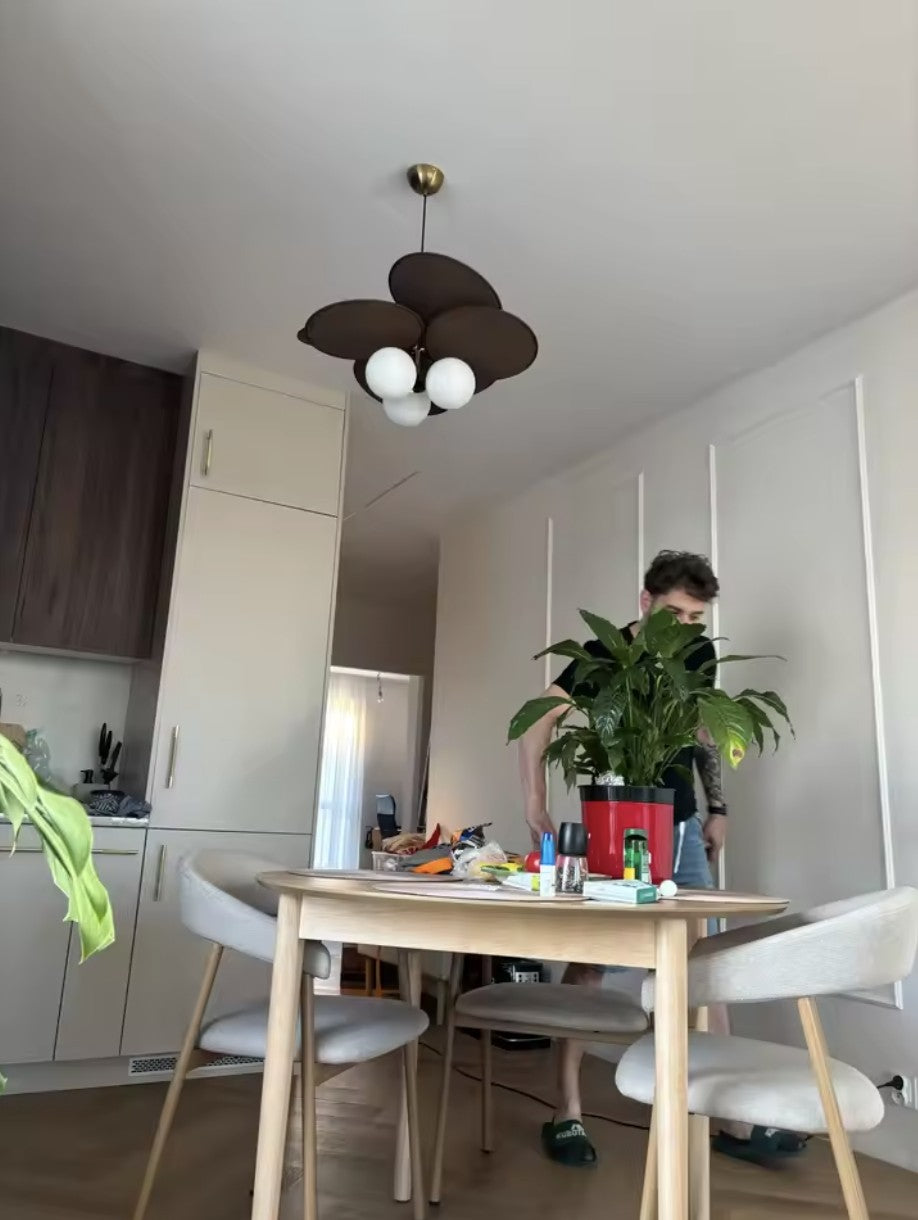 Customer photo, walnut disc pendant light above a dining table