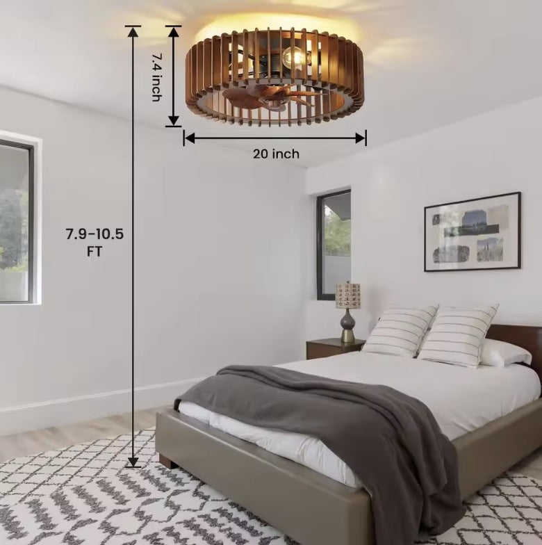 Wood caged ceiling fan with light in a bedroom, 20 inches across