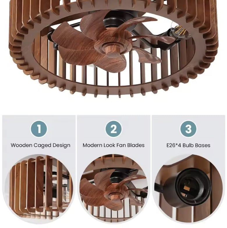 Wooden caged design, wood finished fan blades and four E26 bulb bases