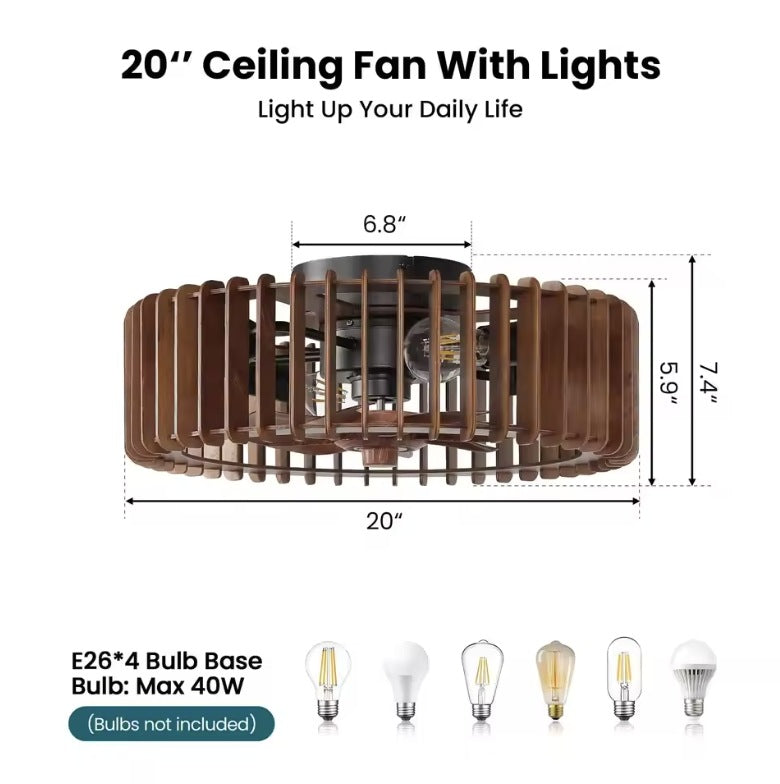 Wood caged ceiling fan dimensions, 20 inches wide and 7.4 inches tall