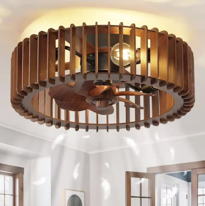 Wood caged ceiling fan with light mounted flush to a white ceiling