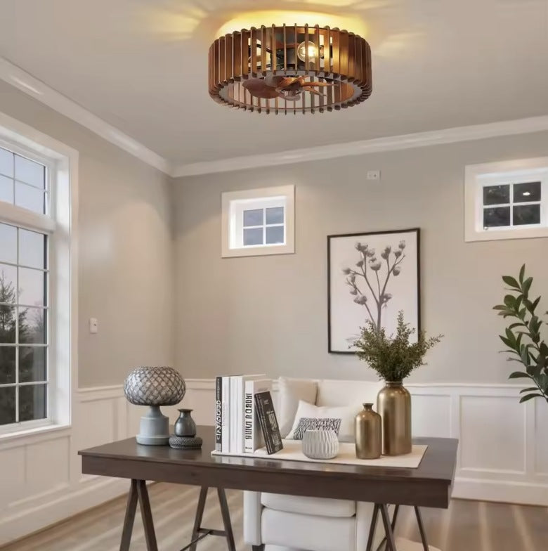 Wood caged ceiling fan with light above a desk in a home office