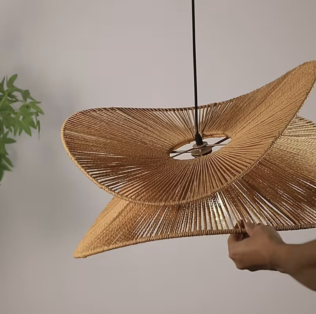 Boho woven pendant light seen from above, showing the tensioned cords